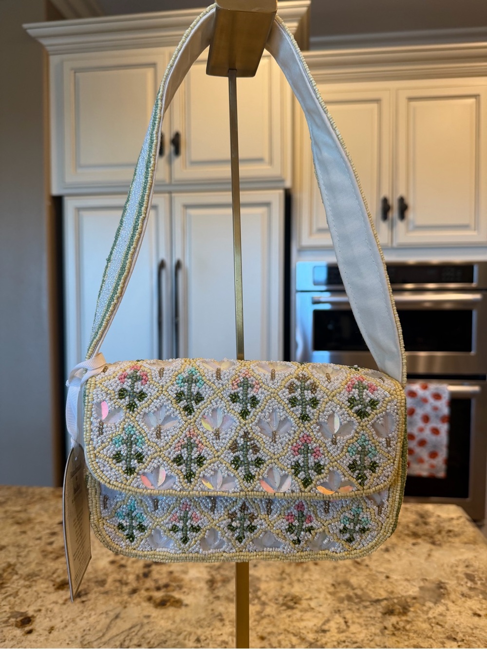Handmade in India Beaded Floral Shoulder Bag in Cream and Pastel Green